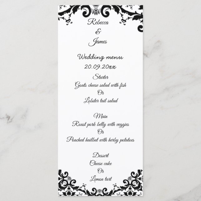 Elegant Damask Blommigt Black & White Bröllop Meny (Framsida)