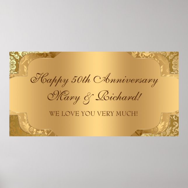 Elegant Damask Blommigt Swirl Guld Banner Poster (Framsidan)