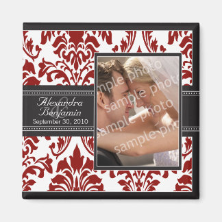 Elegant Damask-bröllopsfavoritmagnet: rött/svart Magnet