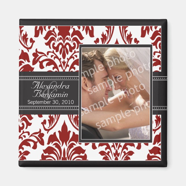 Elegant Damask-bröllopsfavoritmagnet: rött/svart Magnet (Framsidan)