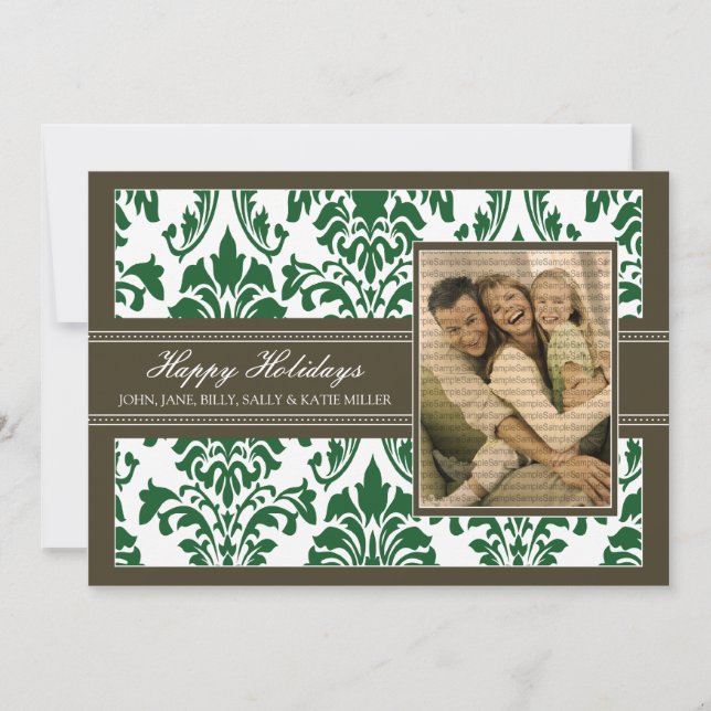 Elegant Damask Brown & Grönt 5x7 Glad helg Julkort (Framsida)