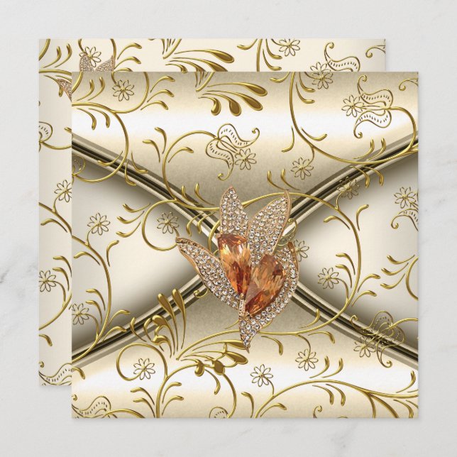 Elegant Damask Caramel Cream Beige Guld Inbjudningar (Fram/baksida)