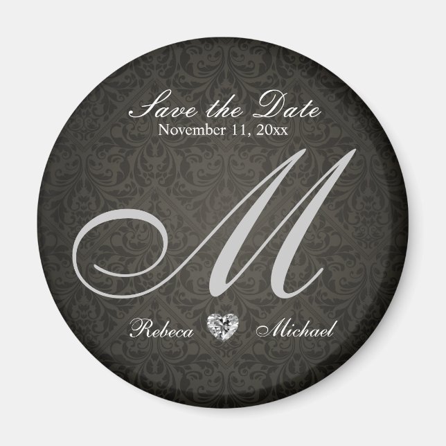 Elegant Damask Diamond Monogram Spara datum Magnet (Framsidan)