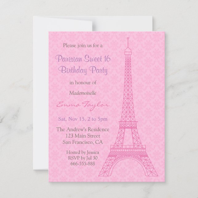 Elegant Damask Eiffeltornet Paris Födelsedagsfest Inbjudningar (Framsida)