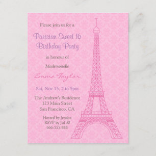 Elegant Damask Eiffeltornet Paris Födelsedagsfest Inbjudningar