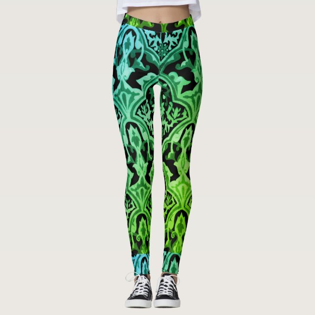 Elegant Damask grönt mönster Leggings (Framsida)