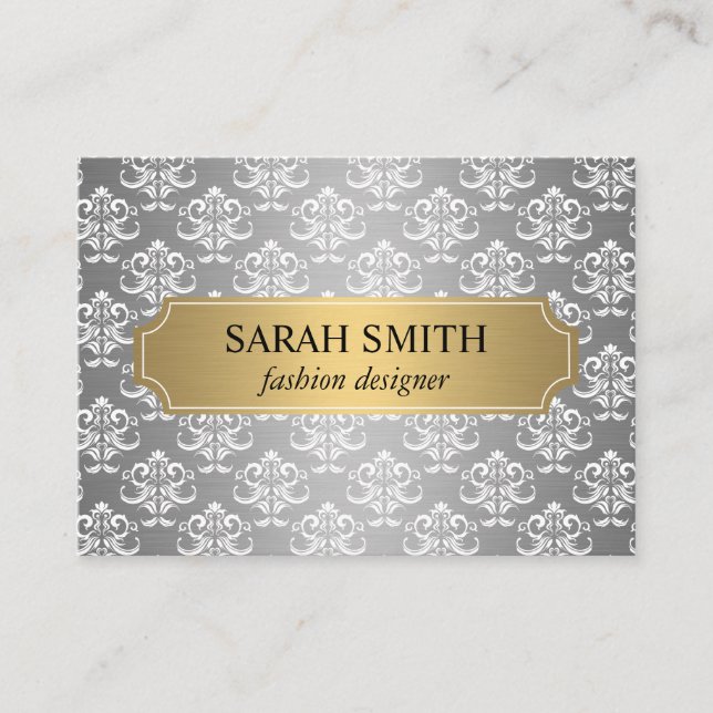Elegant Damask / Guld Silver Metallic Visitkort (Framsida)