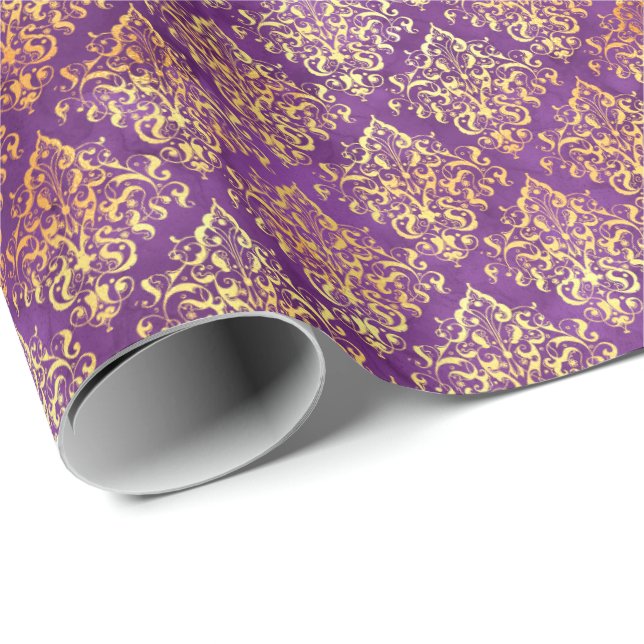 Elegant Damask Halloween Spell Guld Lila Mönster Presentpapper (Rullad Hörn)