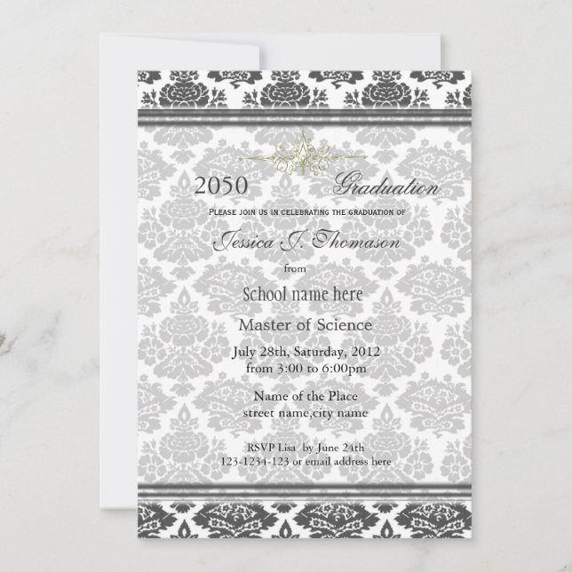 Elegant damask hög prestation examen inbjudningar (Framsida)