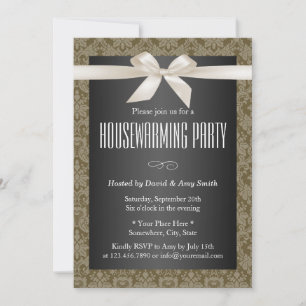Elegant Damask Ivory Ribbon Houseuppvärmning Party Inbjudningar