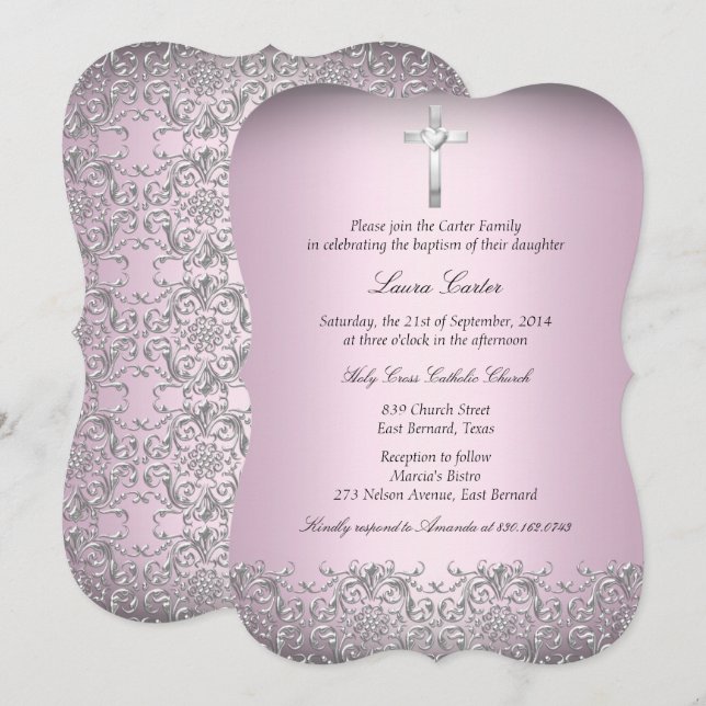 Elegant Damask & Kor Rosa Baptism/Christening 2 Inbjudningar (Fram/baksida)