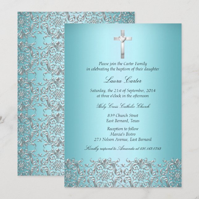 Elegant Damask & Kor Teal Baptism/Christening Inbjudningar (Fram/baksida)