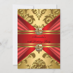 Elegant Damask Kunglig Röd Guld Blommig Födelsedag Inbjudningar