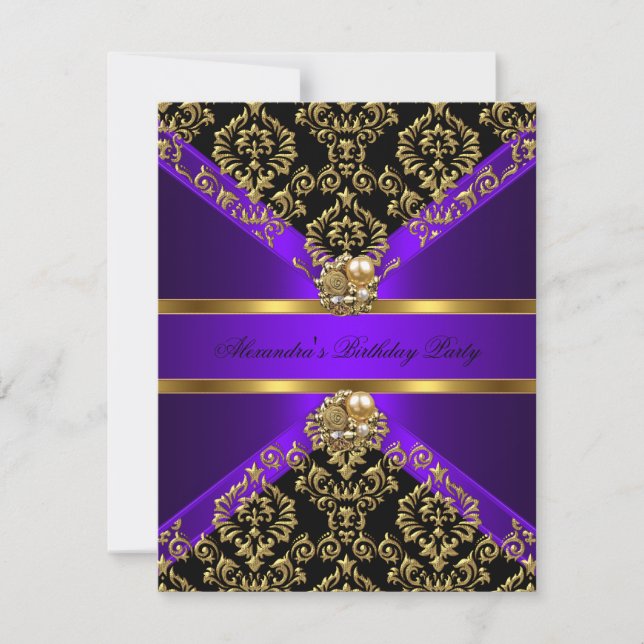 Elegant Damask Lila Guld Black Birthday Inbjudningar (Framsida)