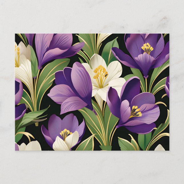 Elegant Damask med krokusblommor Vykort (Framsida)
