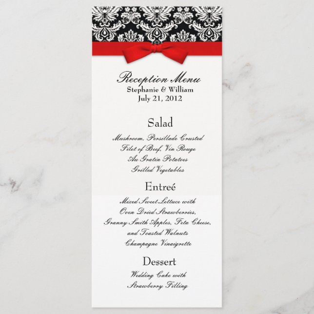 Elegant Damask med Red Bow Reception Meny (Framsida)
