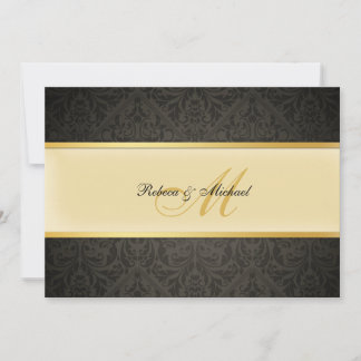 Elegant Damask Monogram Bröllop Black och Guld Inbjudningar