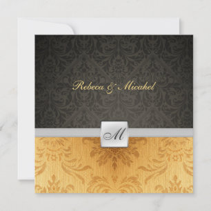 Elegant Damask Monogram svart och guld Bröllop Inbjudningar
