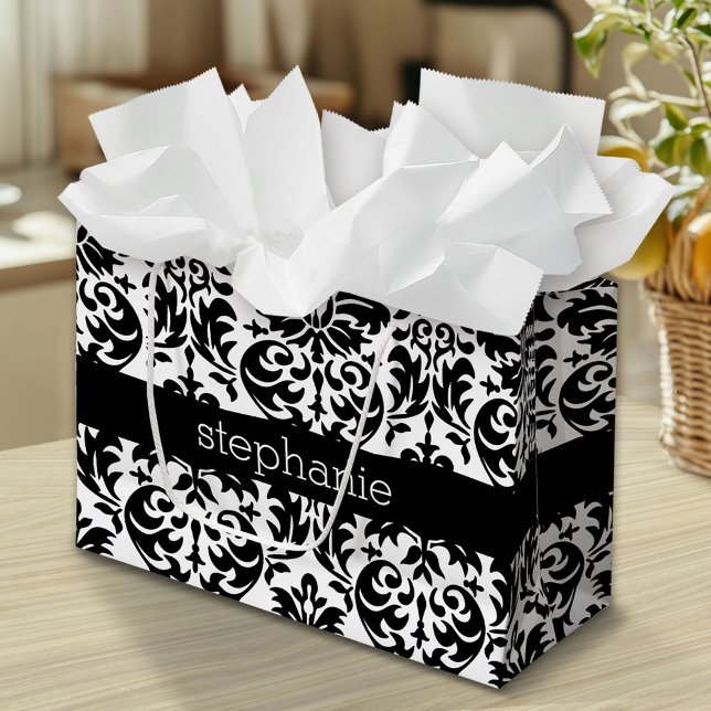 Elegant Damask-mönster med svartvitt (Custom Gift Bag)