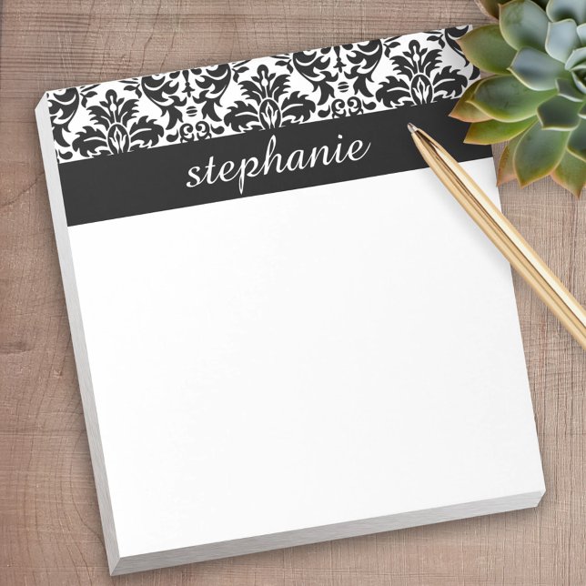 Elegant Damask-mönster med svartvitt Anteckningsblock (Personalized Notepad)