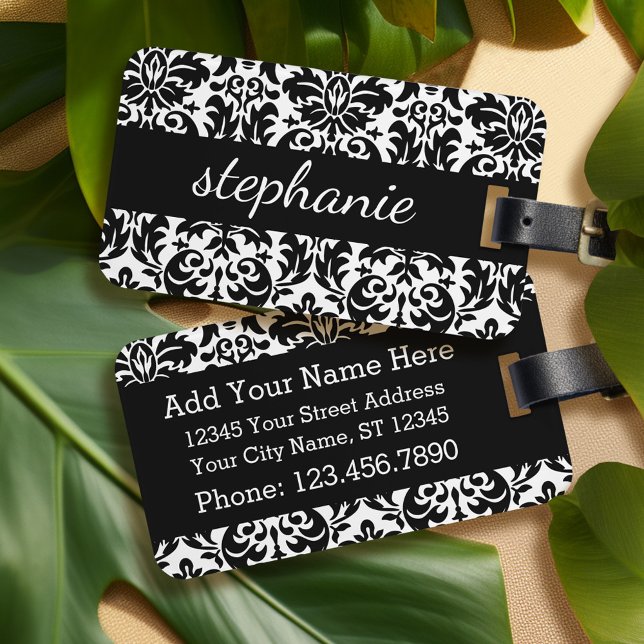 Elegant Damask-mönster med svartvitt Bagagebricka (Personalized luggage tag - black and white damask)