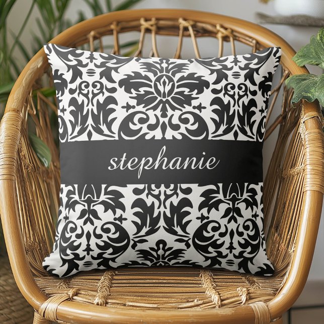 Elegant Damask-mönster med svartvitt Kudde (Custom Pillow)