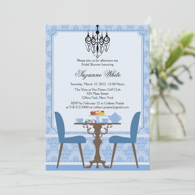 Elegant Damask och Chandelier Tea Party-inbjudan Inbjudningar (Stående Fram)