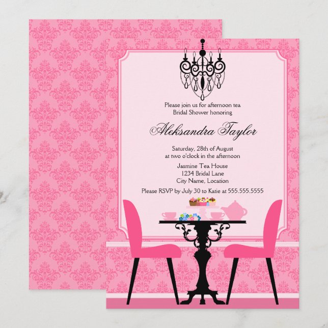 Elegant Damask och Chandelier Tea Party Inbjudningar (Fram/baksida)