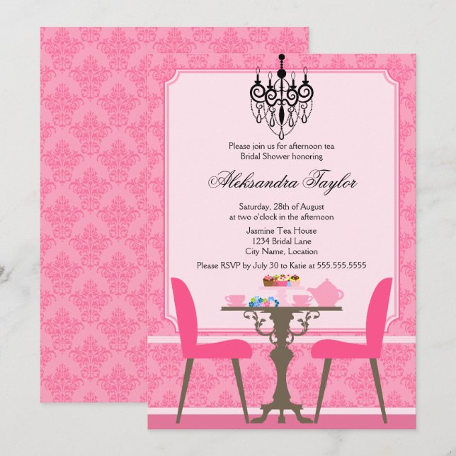 Elegant Damask och Chandelier Tea Party Inbjudningar (Fram/baksida)