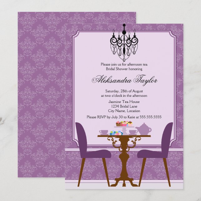 Elegant Damask och Kristallkrona Tebuffé Inbjudningar (Fram/baksida)