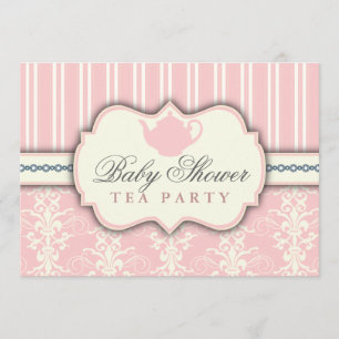 Elegant Damask- och randig baby shower te-inbjudan Inbjudningar