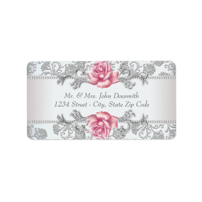 Elegant Damask och Rosa ros Adressetiketter (Framsidan)