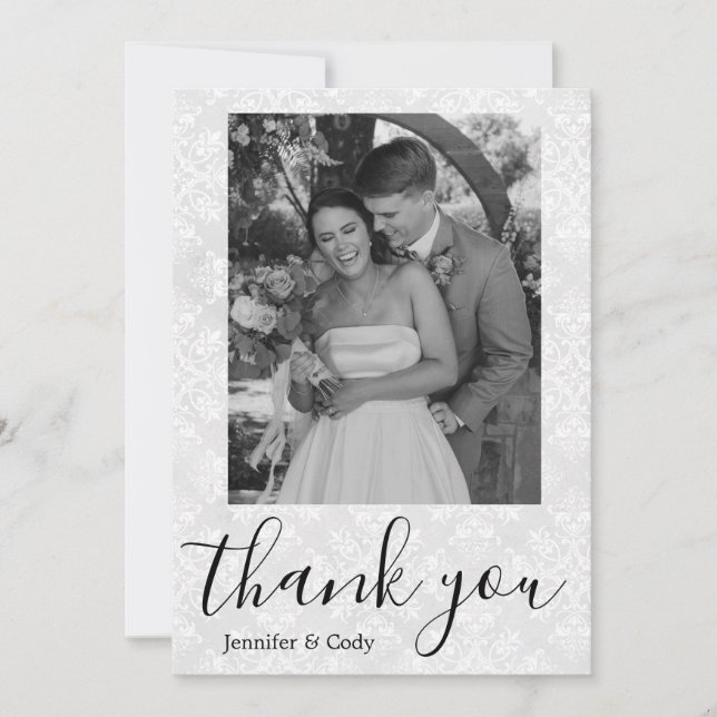 Elegant Damask Photo Black & White - tackkort Inbjudningar (Framsida)