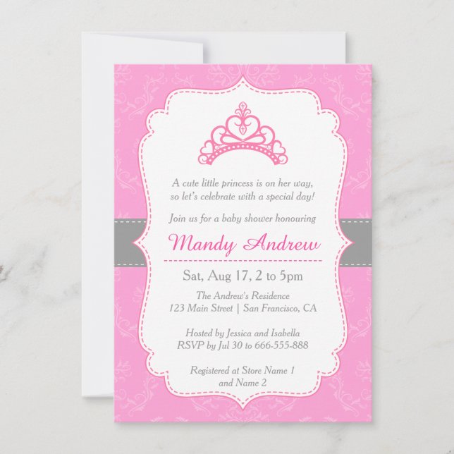 Elegant Damask, Prinsesskrona, Baby Shower för fli Inbjudningar (Framsida)