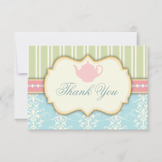 Elegant Damask & Randig Bröllopsdusch Te Invitatio Tack Kort (Framsida)