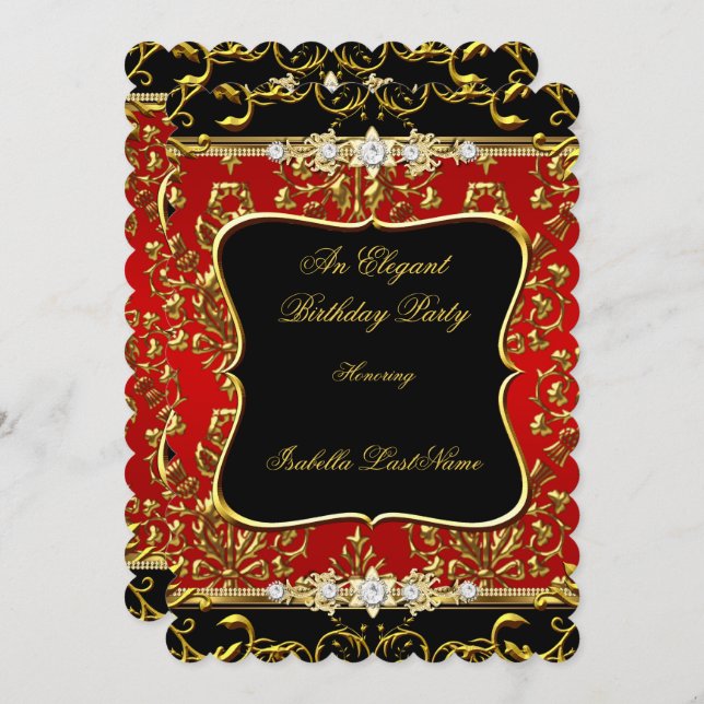 Elegant Damask Red Black Guld Födelsedagsfest Inbjudningar (Fram/baksida)