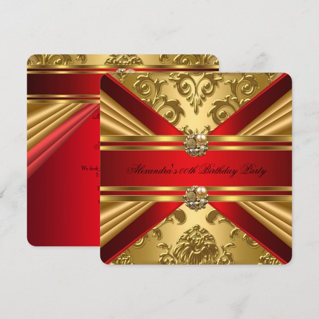 Elegant Damask Regal Red Guld Blommigt Birthag 5 Inbjudningar (Fram/baksida)