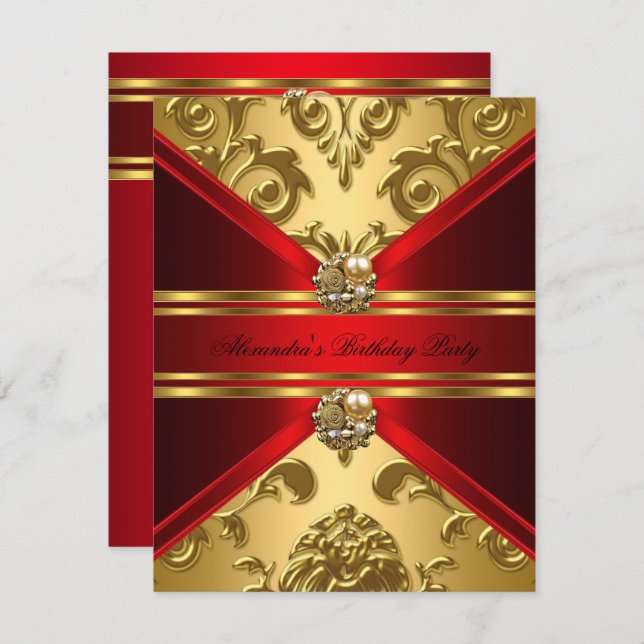 Elegant Damask Regal Red Guld Blommigt Birthag Inbjudningar (Fram/baksida)