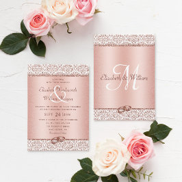 Elegant Damask Ro Guld Monogram Bröllop Inbjudningar