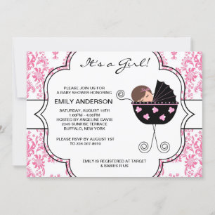 Elegant Damask Rosa Svart Babyflicka Bebisbad Inbjudningar