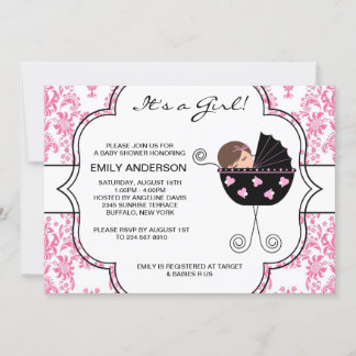 Elegant Damask Rosa Svart Babyflicka Bebisbad Inbjudningar