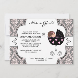 Elegant Damask Rosa Svart Babyflicka Bebisbad Inbjudningar