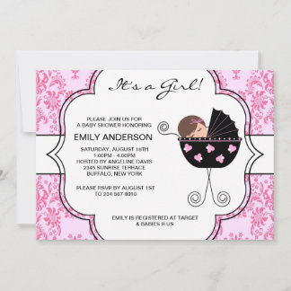 Elegant Damask Rosa Svart Babyflicka Bebisbad Inbjudningar