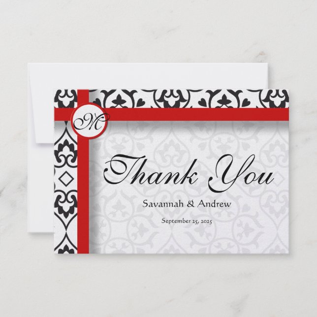 Elegant Damask Side Gräns Red Trim Tack Kort (Framsida)
