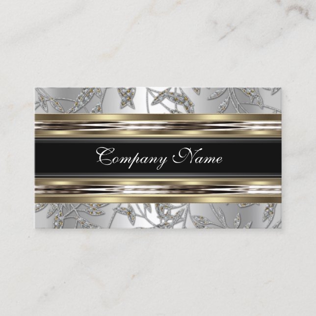 Elegant Damask Silver Tenn Chrome Metall Svart Visitkort (Framsida)