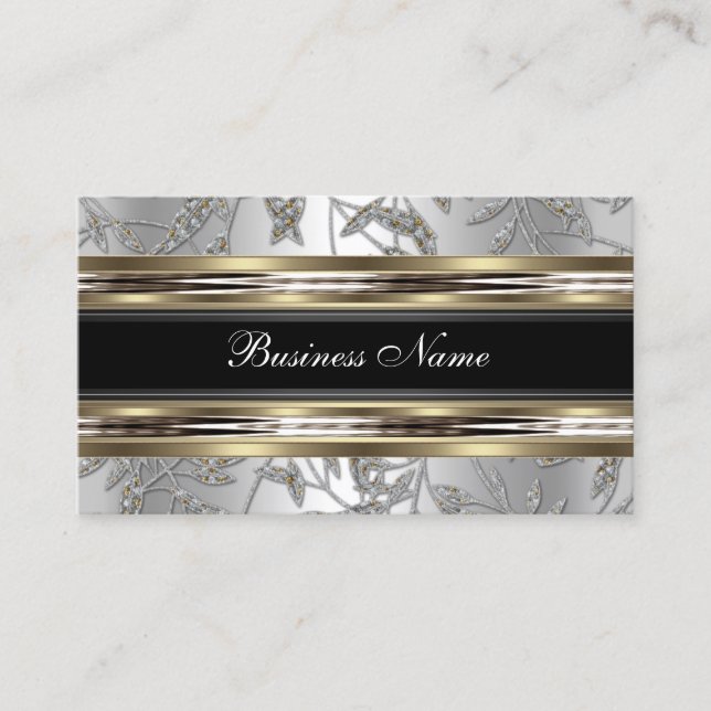 Elegant Damask Silver Tenn Metall Krom Svart Visitkort (Framsida)