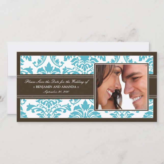 Elegant Damask-Spara-till-datum-fotokort: aqua Spara Datumet (Framsida)