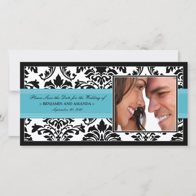 Elegant Damask-Spara-till-datum-fotokort: aqua Spara Datumet (Framsida)