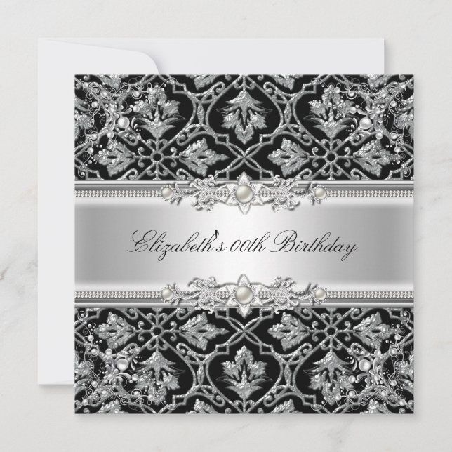 Elegant Damask Svart Silver Blommig Födelsedagsfes Inbjudningar (Framsida)