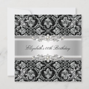 Elegant Damask Svart Silver Blommig Födelsedagsfes Inbjudningar